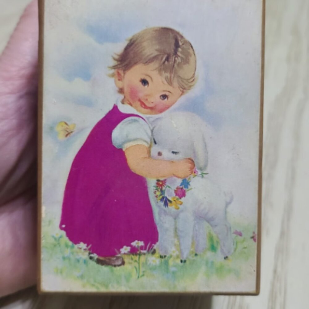 Vintage Wooden Music Cute Girl And Lamb